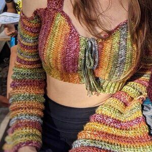 Handmade crochet bell sleeve open shoulder crop top